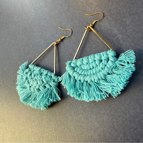 Macrame Crochet Blue Fringe Earrings - Picture 4 of 8
